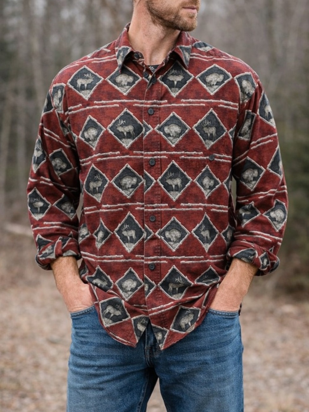 Vintage Woolrich Red Buffalo Elk Print Button Shirt Western Outdoor Cotton